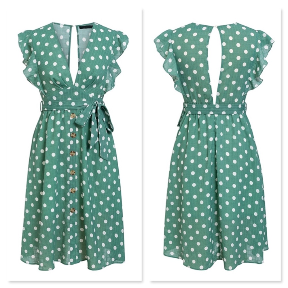 V-Neck Polka Dot Green Midi Belted Dress - Picture 6 of 9